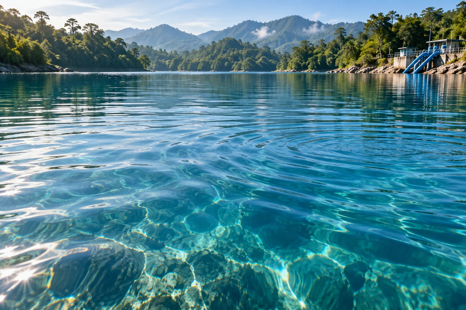 Ilustrasi permukaan air turquoise dan tepian hijau dengan infrastruktur air