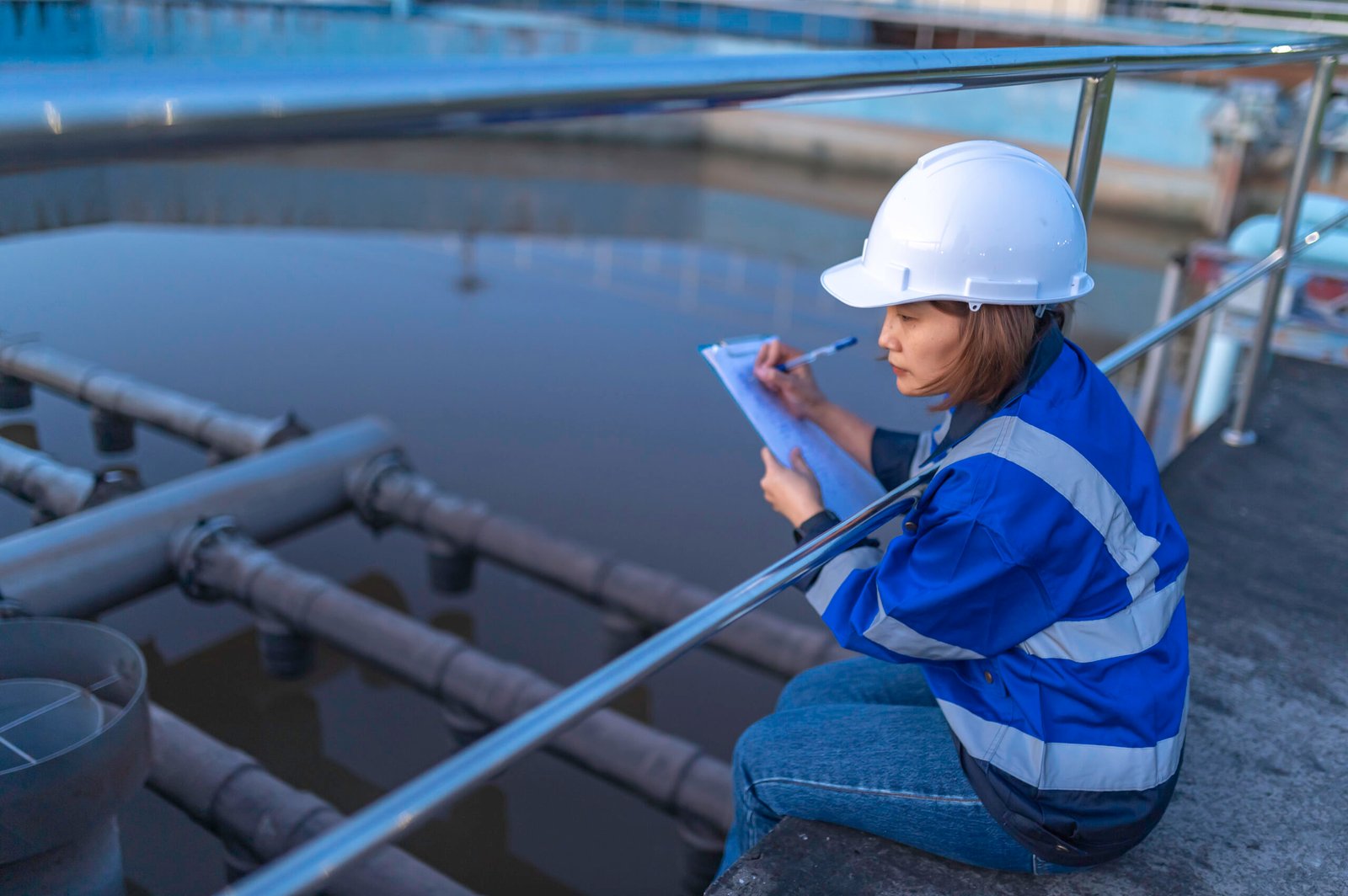 Environmental engineers work at wastewater treatment plants,Water supply engineering working at Water recycling plant for reuse,Check the amount of chlorine in the water to be within the criteria.