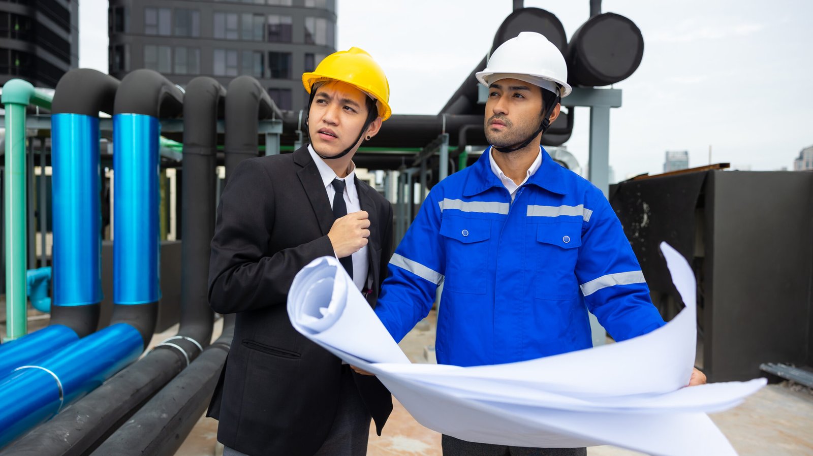 Asian business man and Office building owner and energy engineer plan a project to build a solar panel for the building under construction. clean and green alternative energy concept.