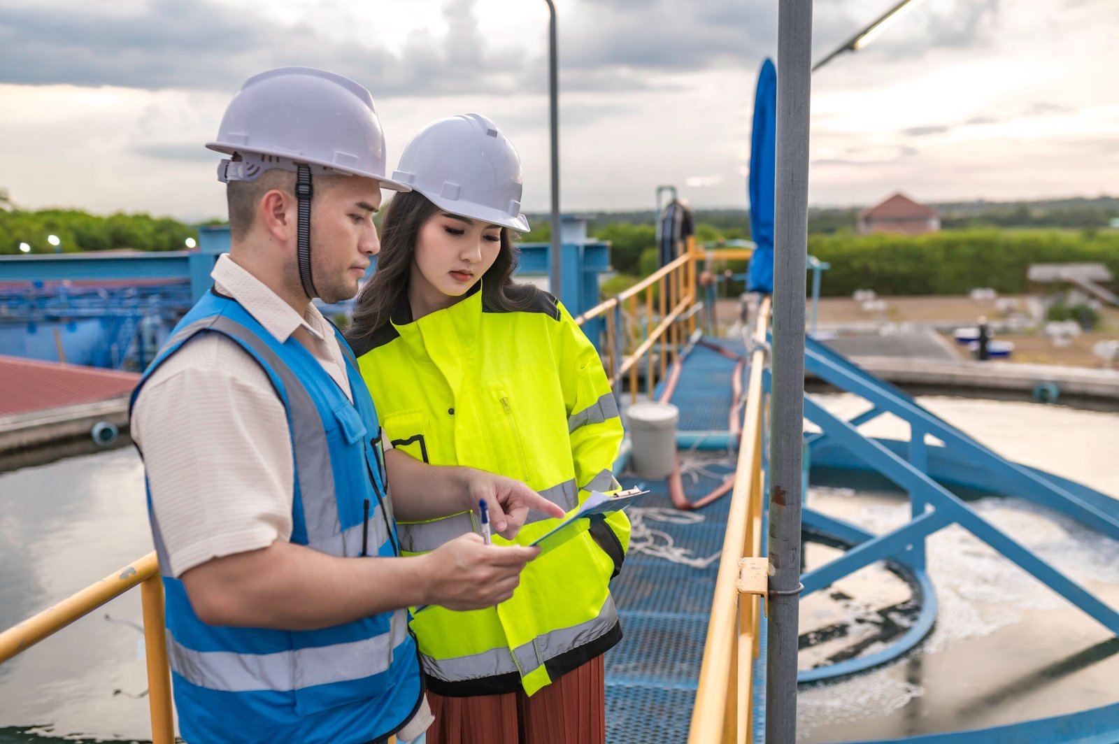 Environmental engineers work at wastewater treatment plants,Water supply engineering working at Water recycling plant for reuse