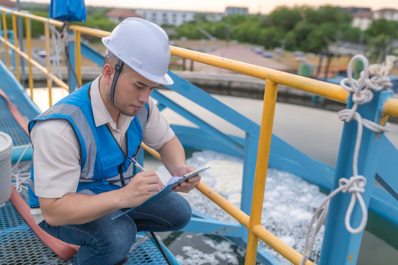 Environmental engineers work at wastewater treatment plants,Water supply engineering working at Water recycling plant for reuse