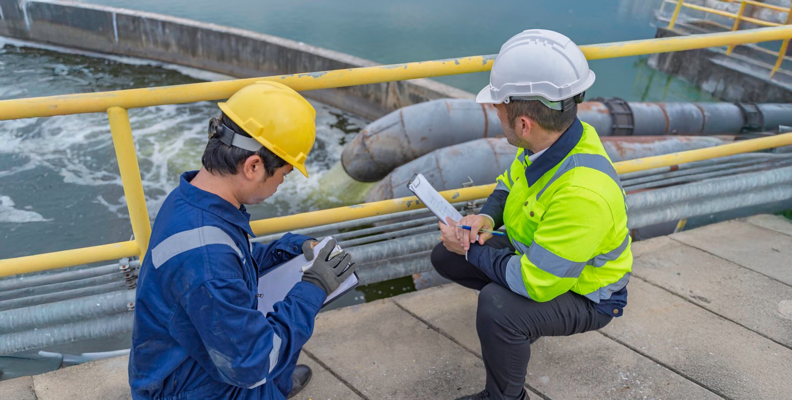 Environmental engineers work at wastewater treatment plants,Water supply engineering working at Water recycling plant for reuse,Technicians and engineers discuss work together.