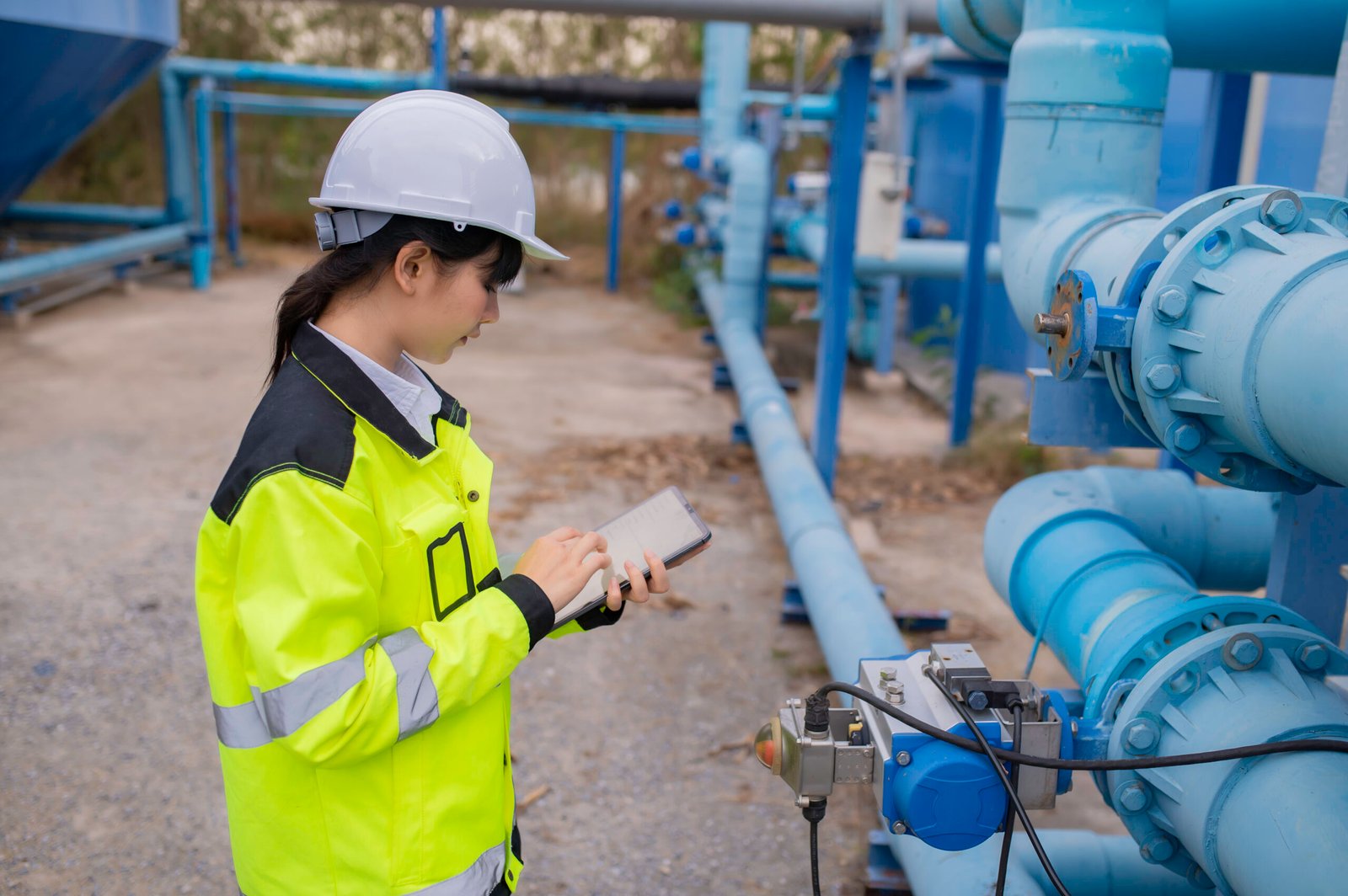 Environmental engineers work at wastewater treatment plants,Water supply engineering working at Water recycling plant for reuse,Check the amount of chlorine in the water to be within the criteria.