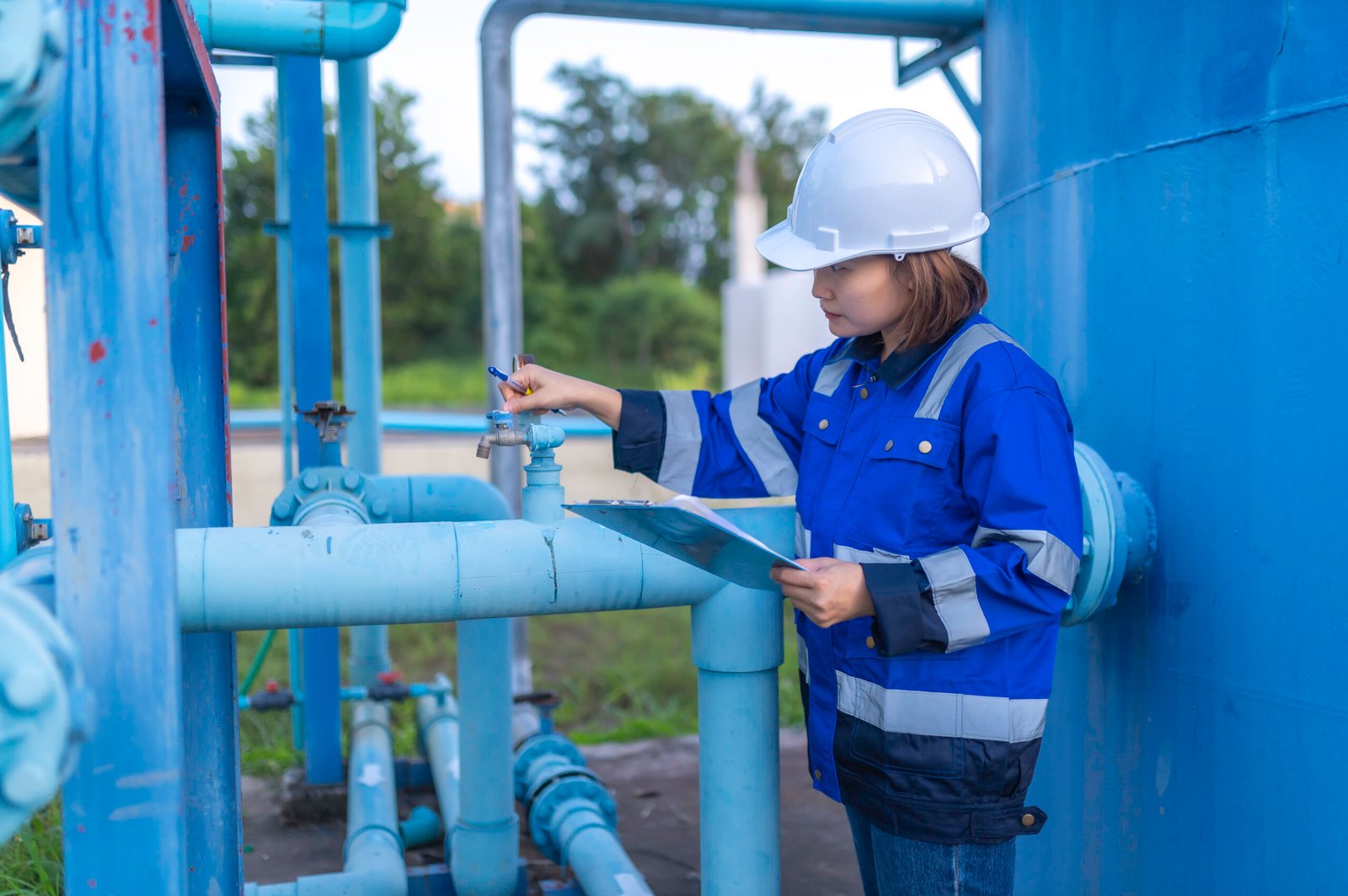 Environmental engineers work at wastewater treatment plants,Water supply engineering working at Water recycling plant for reuse,Check the amount of chlorine in the water to be within the criteria.