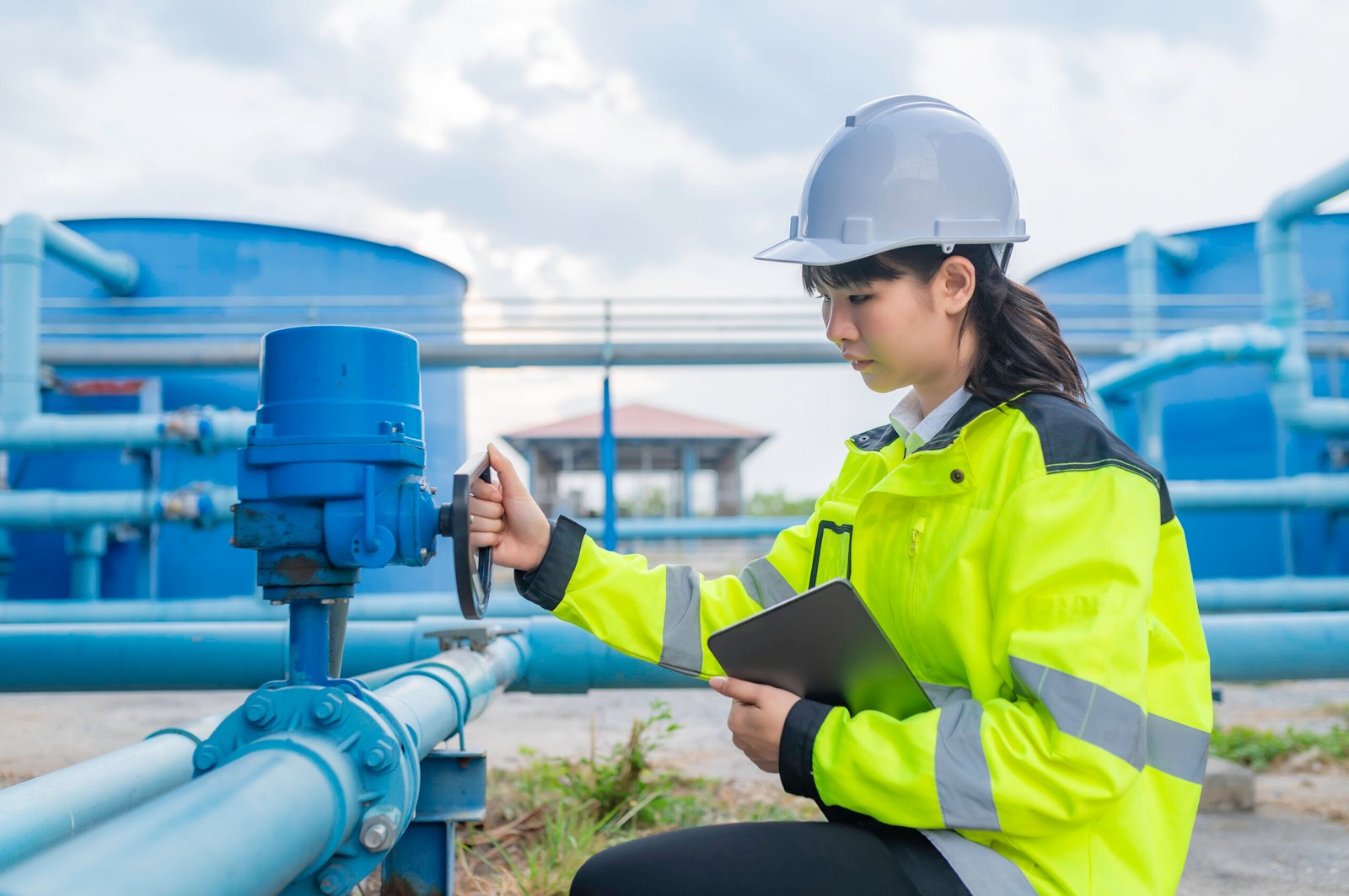 Environmental engineers work at wastewater treatment plants,Water supply engineering working at Water recycling plant for reuse,Check the amount of chlorine in the water to be within the criteria.