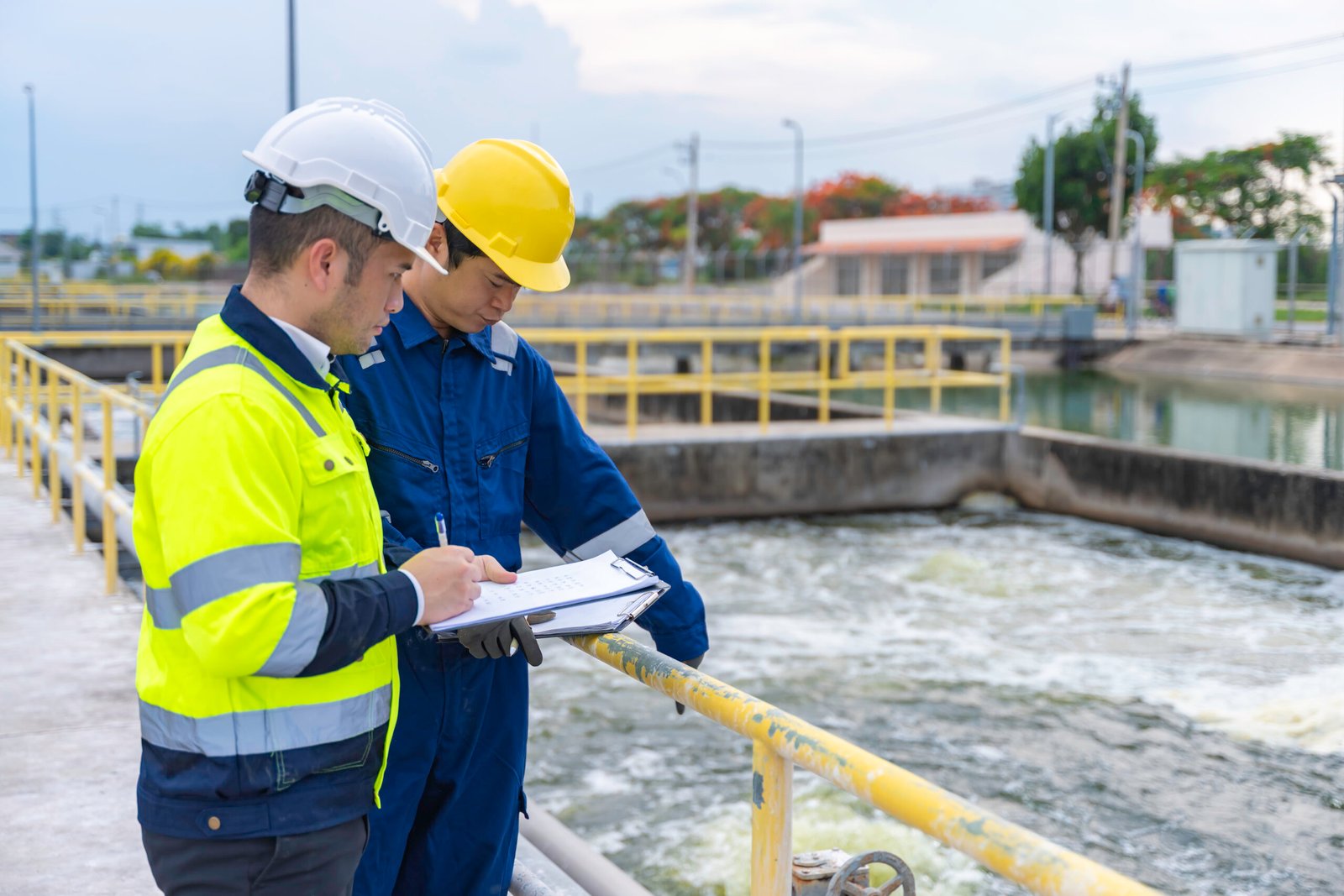 Environmental engineers work at wastewater treatment plants,Water supply engineering working at Water recycling plant for reuse,Technicians and engineers discuss work together.