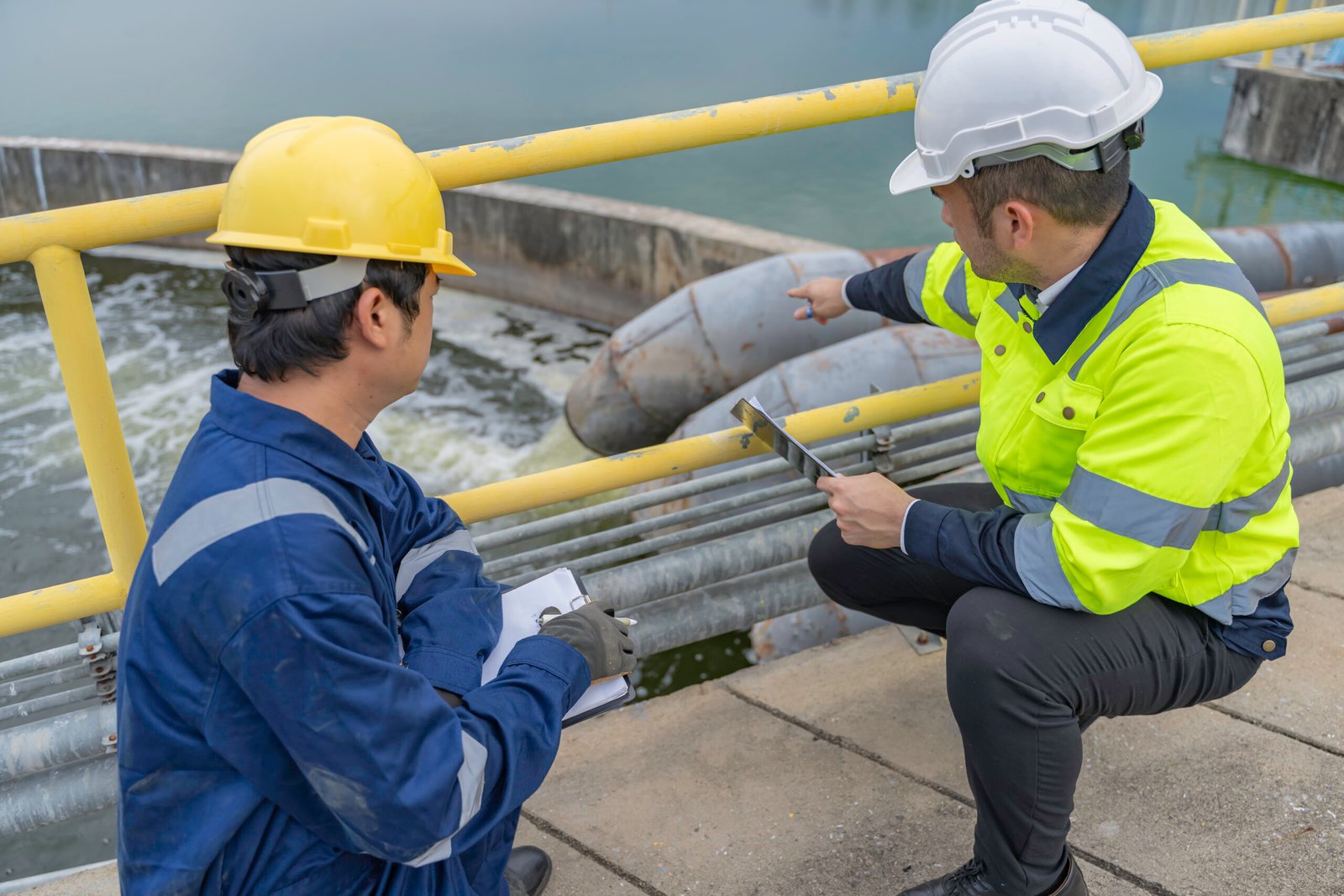 Environmental engineers work at wastewater treatment plants,Water supply engineering working at Water recycling plant for reuse,Technicians and engineers discuss work together.