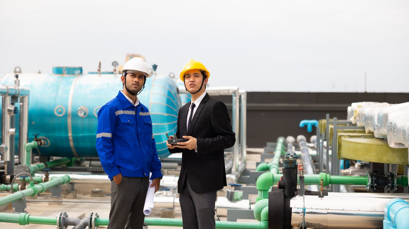 Professional inspection engineering use drone for survey building under construction site.