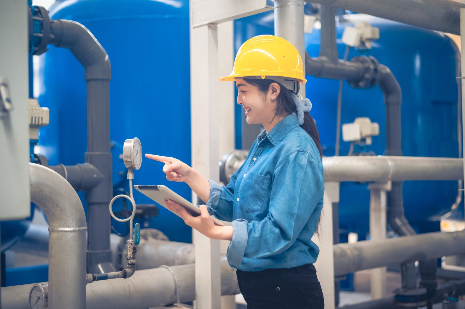 Woman Asian engineer working control machine in factory. Asia women Worker control machine with manufacturing of industry.