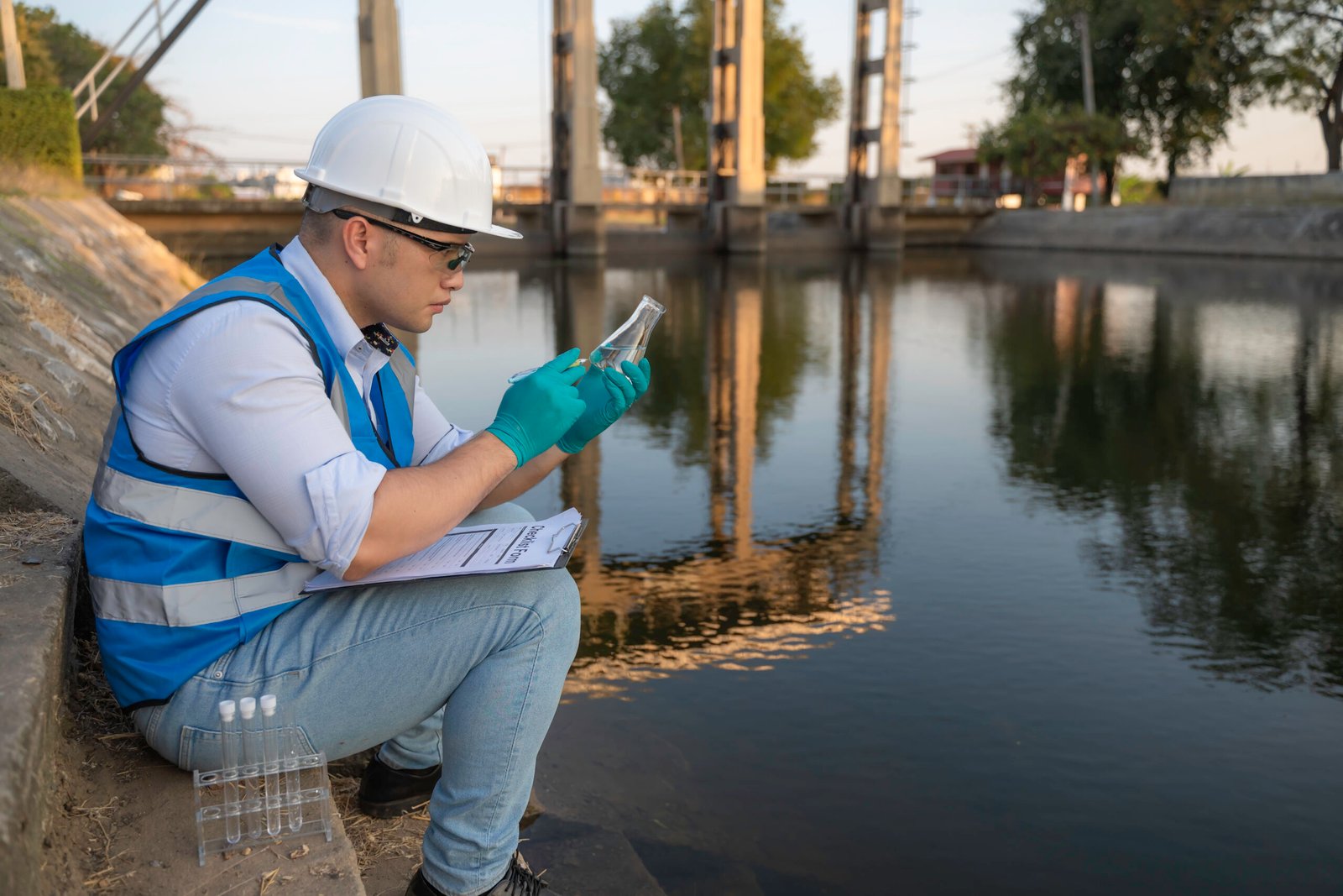 Environmental engineers inspect water quality,Bring water to the lab for testing,Check the mineral content in water and soil,Check for contaminants in water sources.