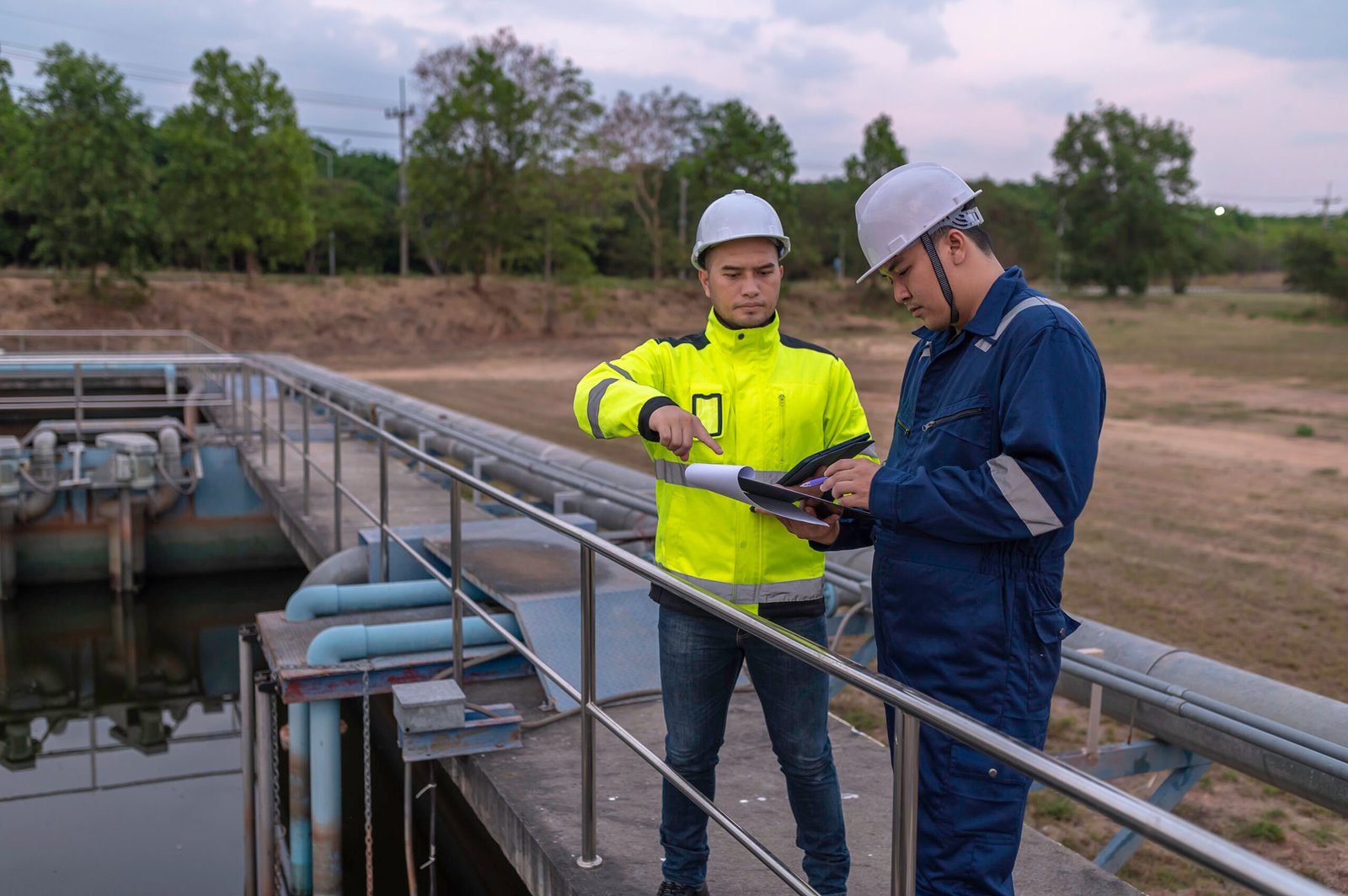 Environmental engineers work at wastewater treatment plants,Water supply engineering working at Water recycling plant for reuse,Technicians and engineers discuss work together.